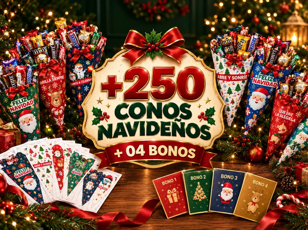 Colección de +250 diseños de conos navideños imprimibles en PDF con 4 bonos adicionales