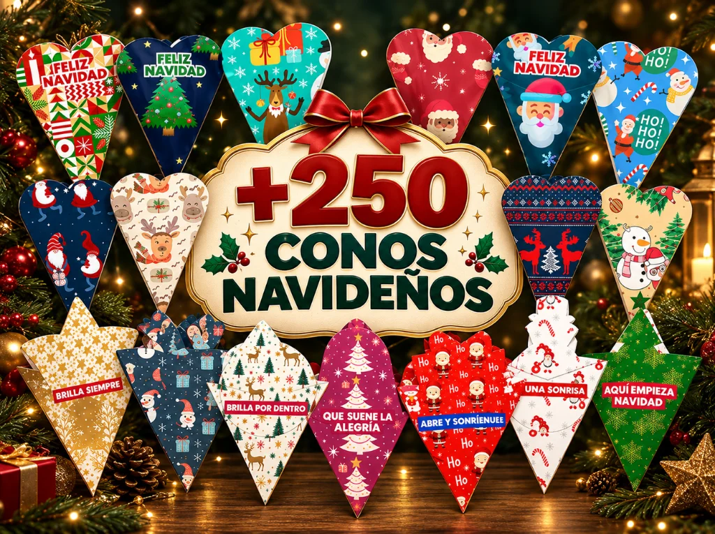 Paquete de +250 diseños de conos navideños imprimibles en PDF, distribuidos en 8 formas
